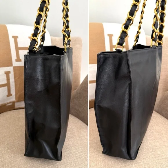 Authentic CHANEL black leather tote bag large gold GG chain straps - Picture 13 of 16
